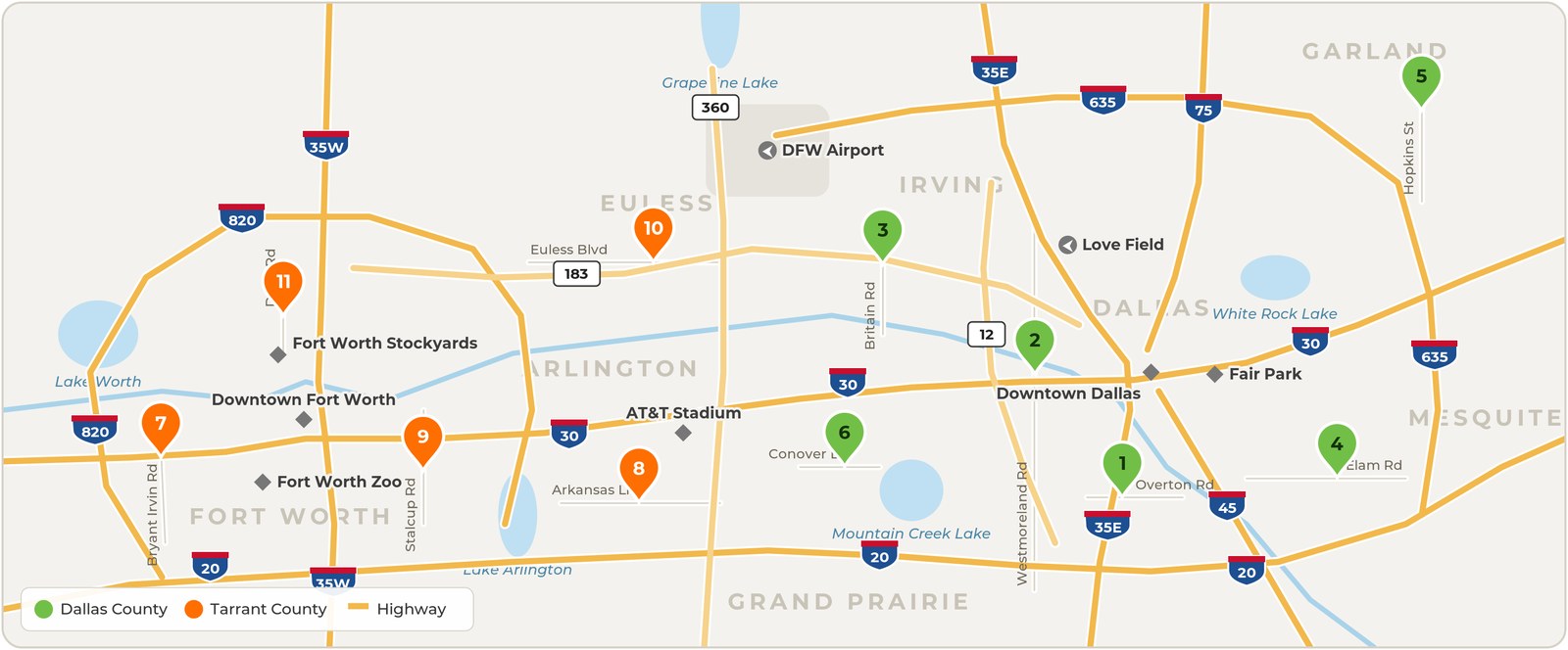Map of the 11 Bravo! Dental clinics across Dallas and Fort Worth. Numbered pins match the clinic list below.